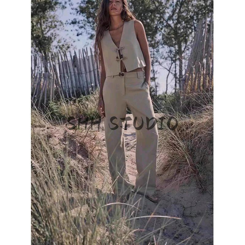 Spring and Summer New Women's Clothing Beaded Bows Linen Blended Vest 8222939 Wide Leg Pants 8017939