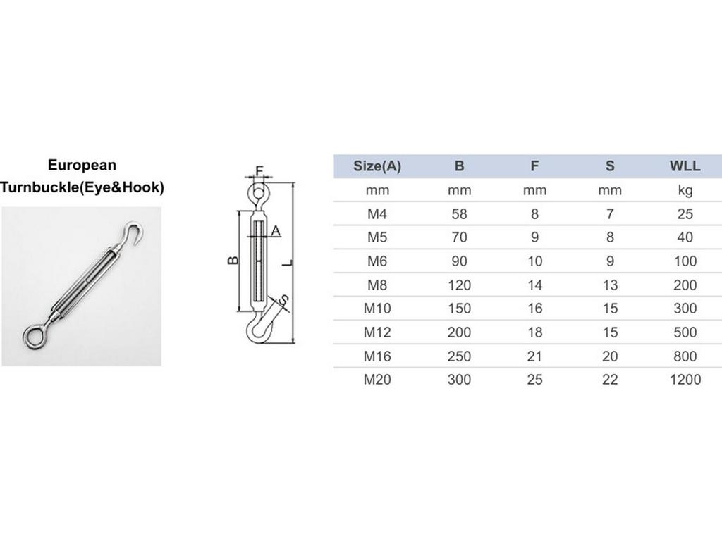 Stainless Steel Turnbuckle Hook & Eye, 304/316 Open Body, German/Japanese/European Style Tensioner