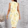 Women Plus Size Crew Neck Sleeveless Midi Dress Cream Base Black Sketch Floral Print Bodycon Dress