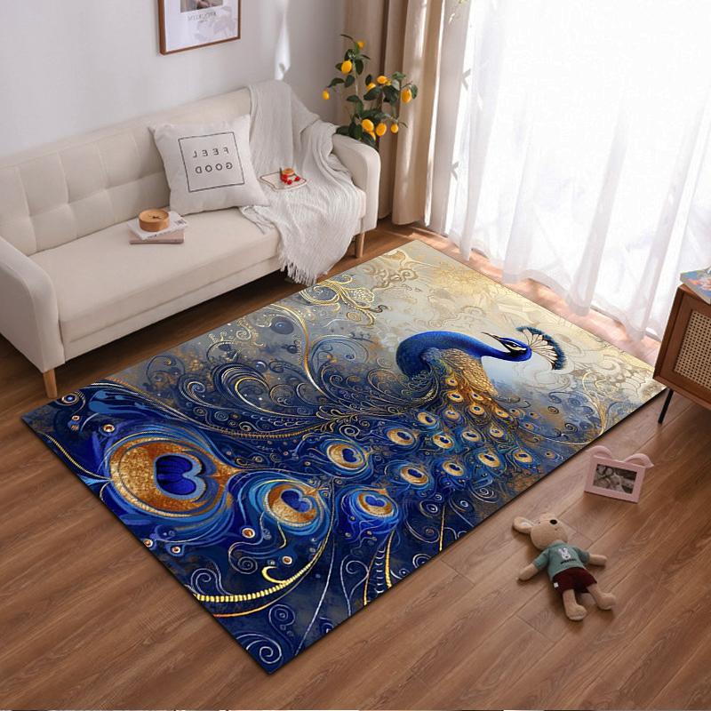 Stunning Blue Peacock Pattern Decorative Rug - Non-slip Rug Suitable for Living Room and Bedroom Sofas