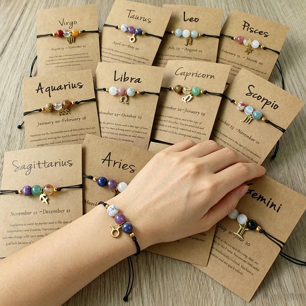 12 Zodiac Signs Woven Paper Card Bracelet for Women Men, Minimalist Natural Stone Handmade Braided Bracelet Jewelry