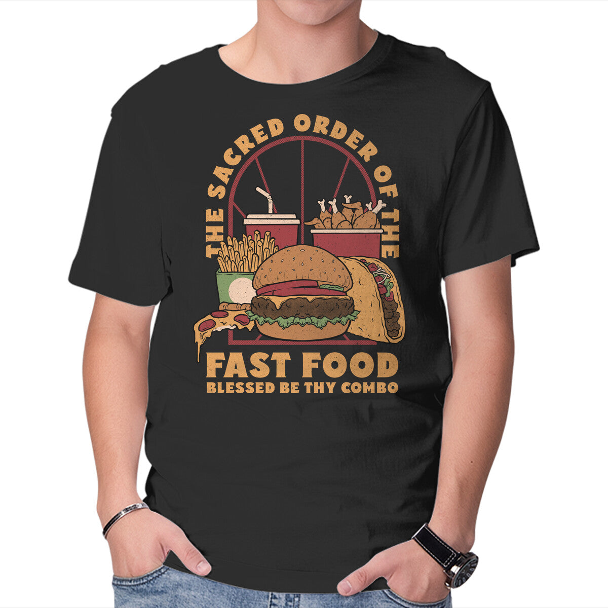 Unisex Crew Neck T-Shirt Sacred Order Of Fast Food Graphic Short Sleeve Casual Tee L