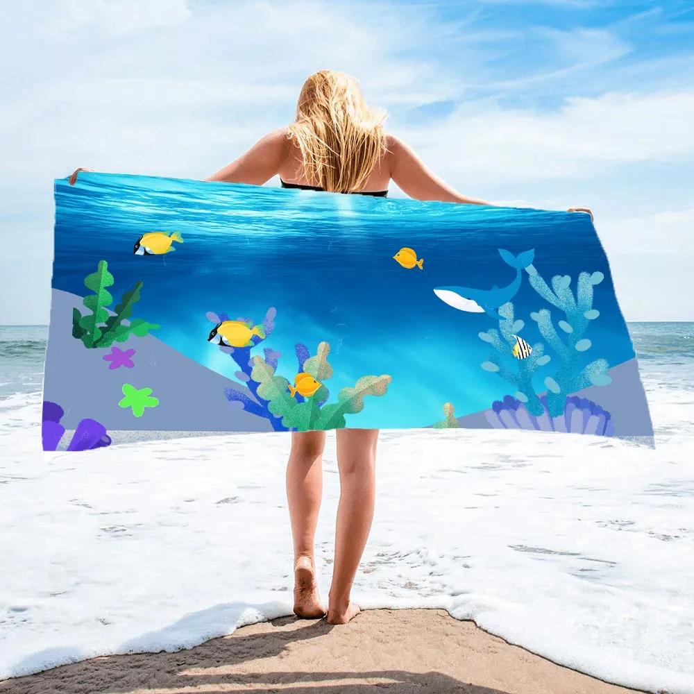 Cartoon Blue Ocean Beach Towel Marine Life Fantasy Absorbent Quick Dry Large Sport Towel Girls Women Camping Vacation Bath Towel