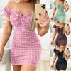 Party Dress Sweet Bowknot Decor Slim Mini Plaid Off Shoulder Print Bodycon Female Clothes
