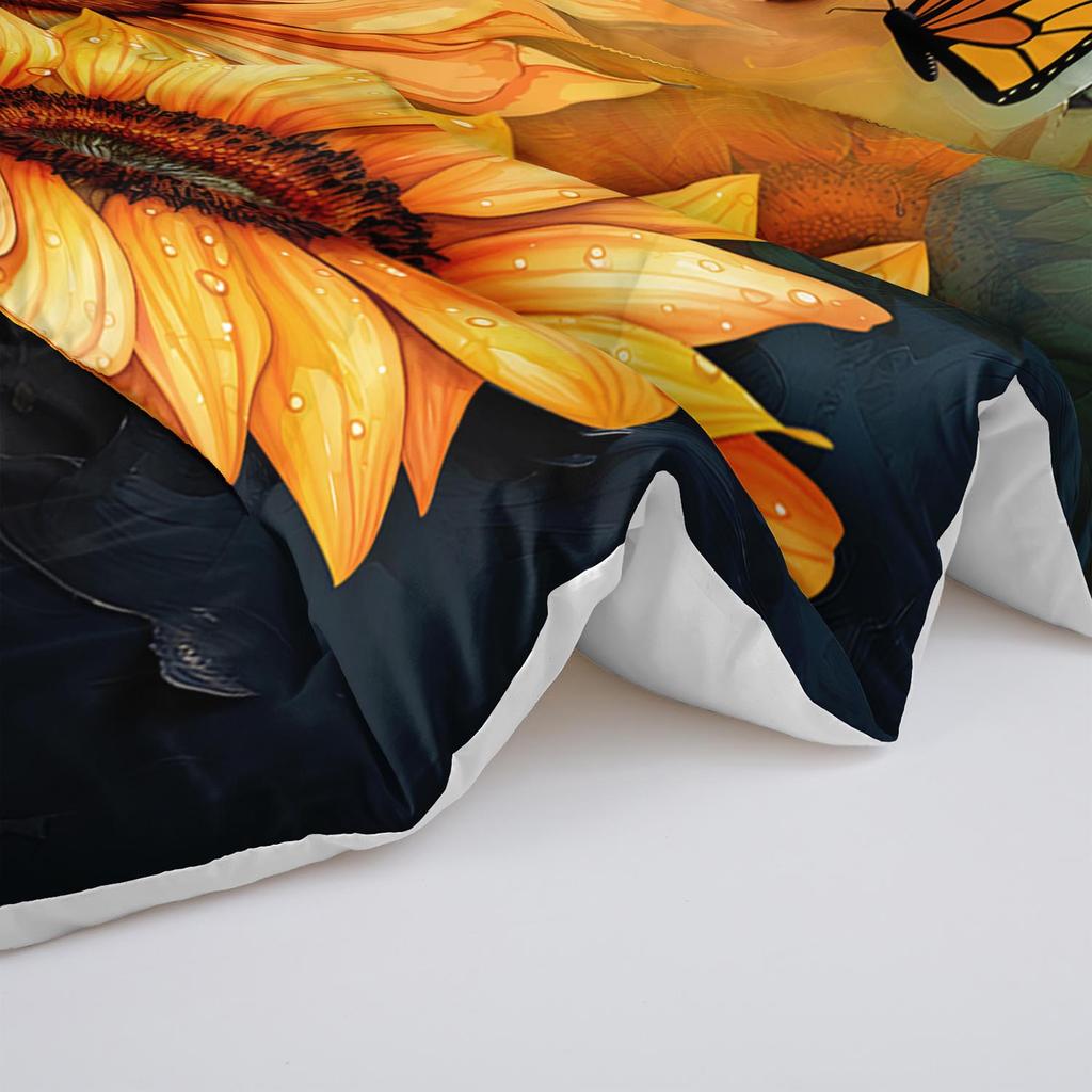 3PC Sunflower & Butterfly Comforter Set Floral Botanical Bedding Duvet Cover with 2 Pillowcases for Bedroom