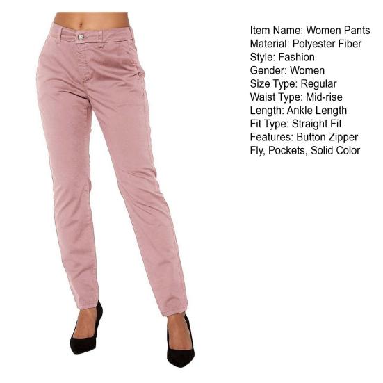 Women Summer Pants Mid-rise Button Zipper Fly Straight Leg Long Trousers with Pockets Solid