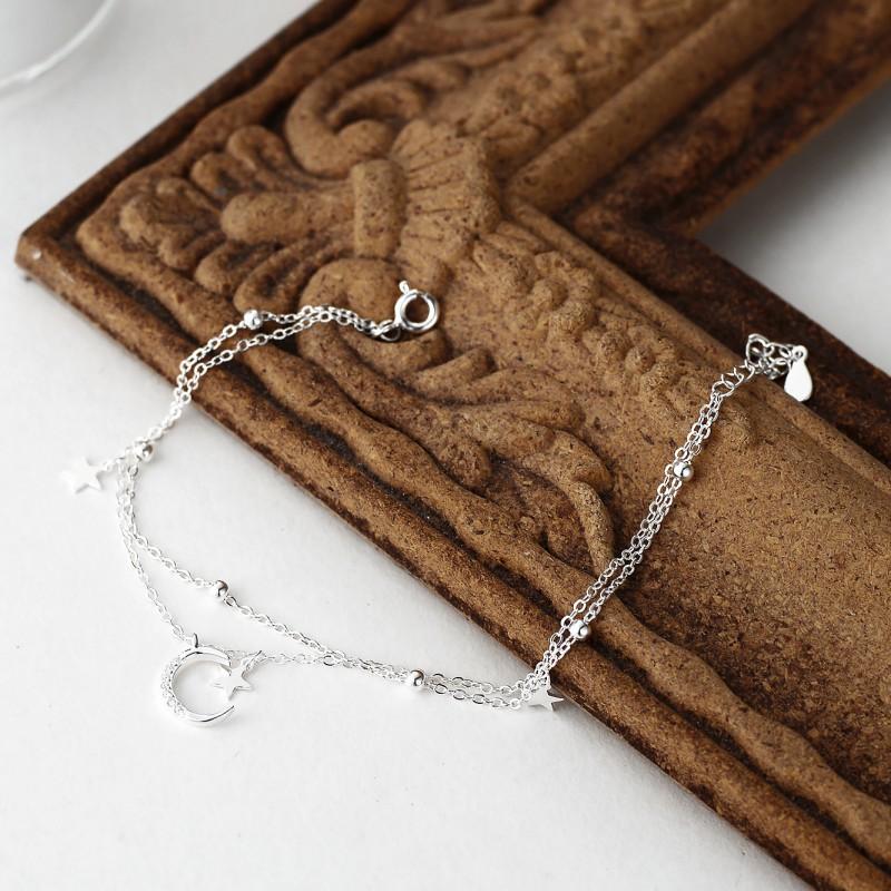 Sterling Double Layer Star Moon Bracelet Women Delicate Geometric Charm Jewelry Elegant Minimalist Boho Style