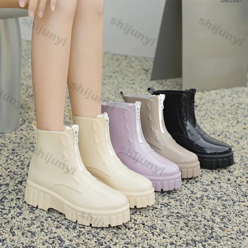 Fashion Women Thick Soled Rain Boots Non-Slip Fashion Outdoor Wear-resistant Rubber Waterproof Shoes Women Jelly Soft Soled Rain Boots