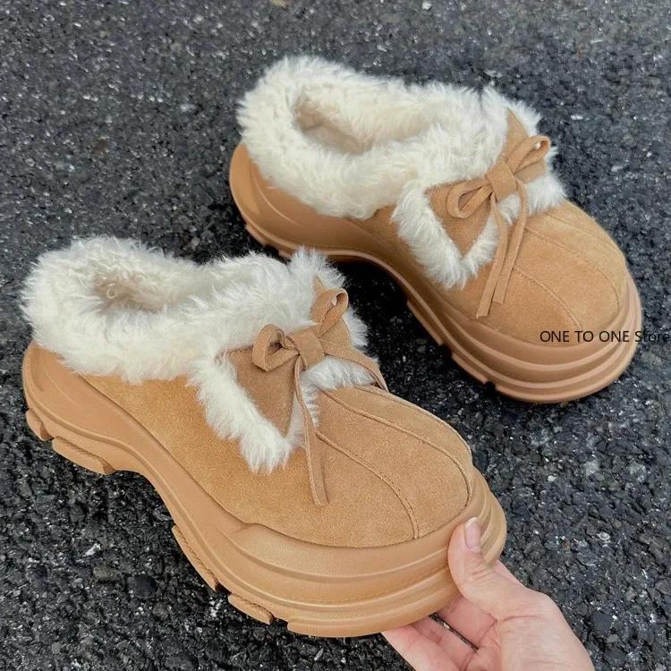 Fashion Platform Women Bow Snow Boots Fur Slippers 2025 Winter Suede Shoes Short Plush Warm Flip Flops Ankle Shoes Women Chelsea Boots