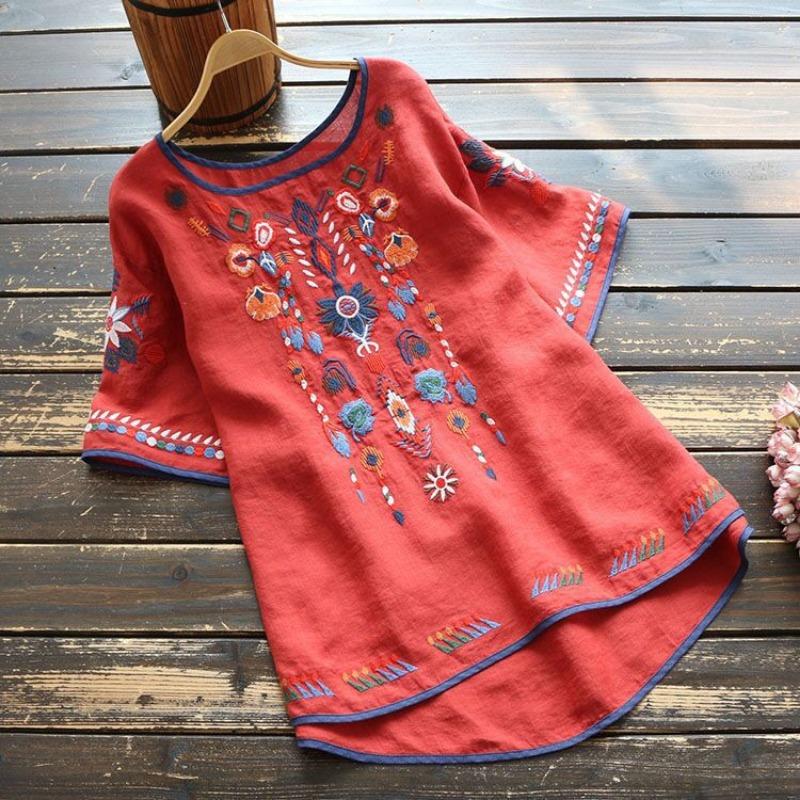 Ethnic Style Cotton and Linen Embroidered T-shirt for Women Summer Retro Literary Loose and Versatile Short-sleeved Tops for Women