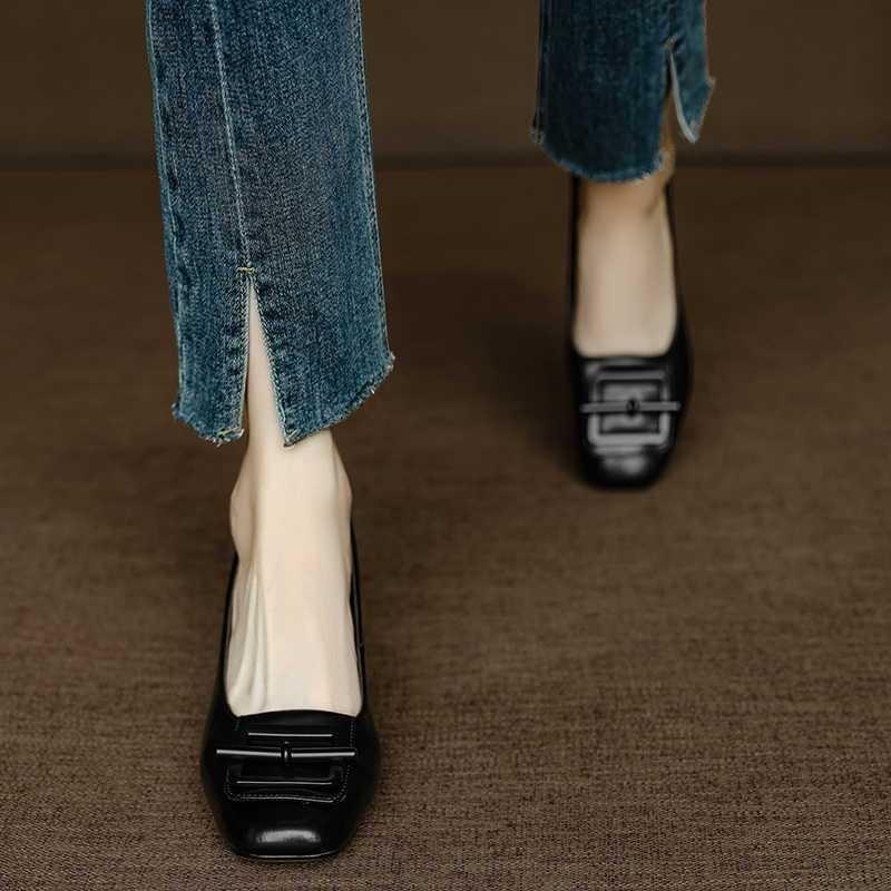 Handmade Leather Retro Style Square Head Shallow Mouth Single Shoes Women's New Spring and Autumn One-pedal Medium Thick Heel Professional Shoes