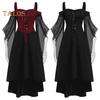 Women Cosplay Dress Gothic Style Witch Halloween Party Costume Lace-up Strap Collarless Color Matching Long Horn Sleeves A-line Performance Dress