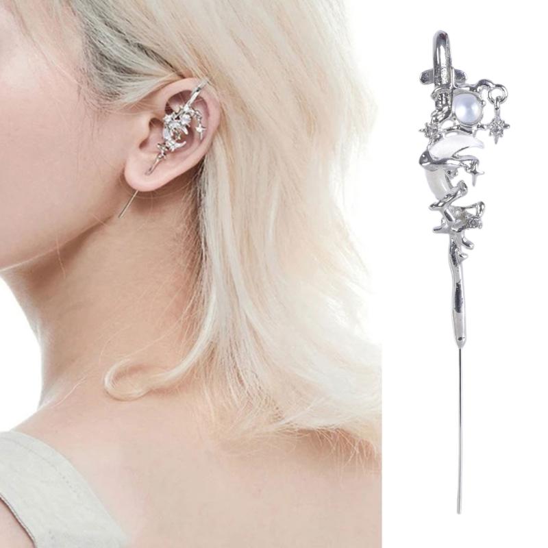 Elegant Star and Moon Diamond Earrings Ear Needle Diagonals Ear Studs Stylish Piercing Ears Jewelry for Fashion Lovers