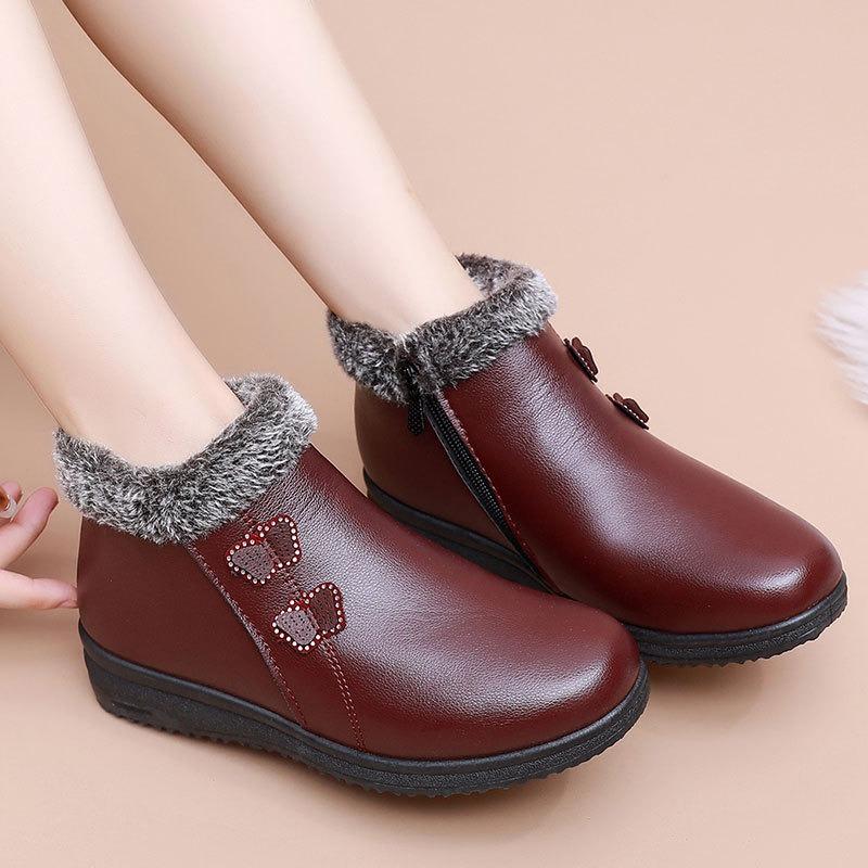 Elderly Cotton Shoes Velvet Warm Middle and Old Women's Shoes Short Boots Waterproof and Non-slip Flat Winter Shoes Leather Shoes