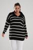 Women's Big Size Blouse Black Zipper Collar Black Striped Knitted Knitwear Plus Size Blouse