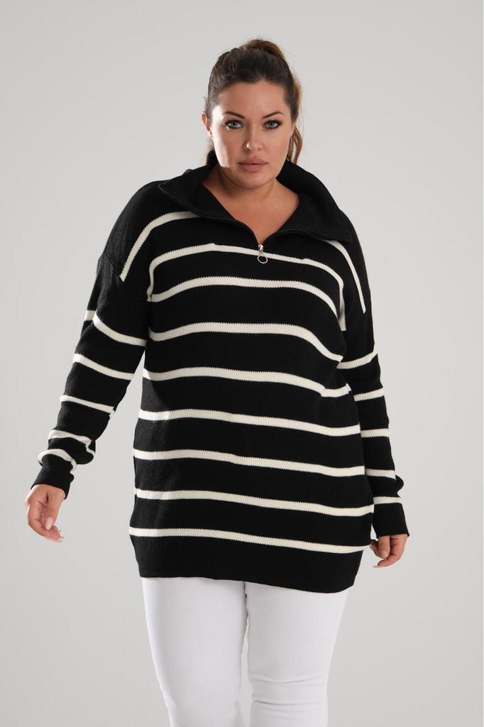 Women's Big Size Blouse Black Zipper Collar Black Striped Knitted Knitwear Plus Size Blouse