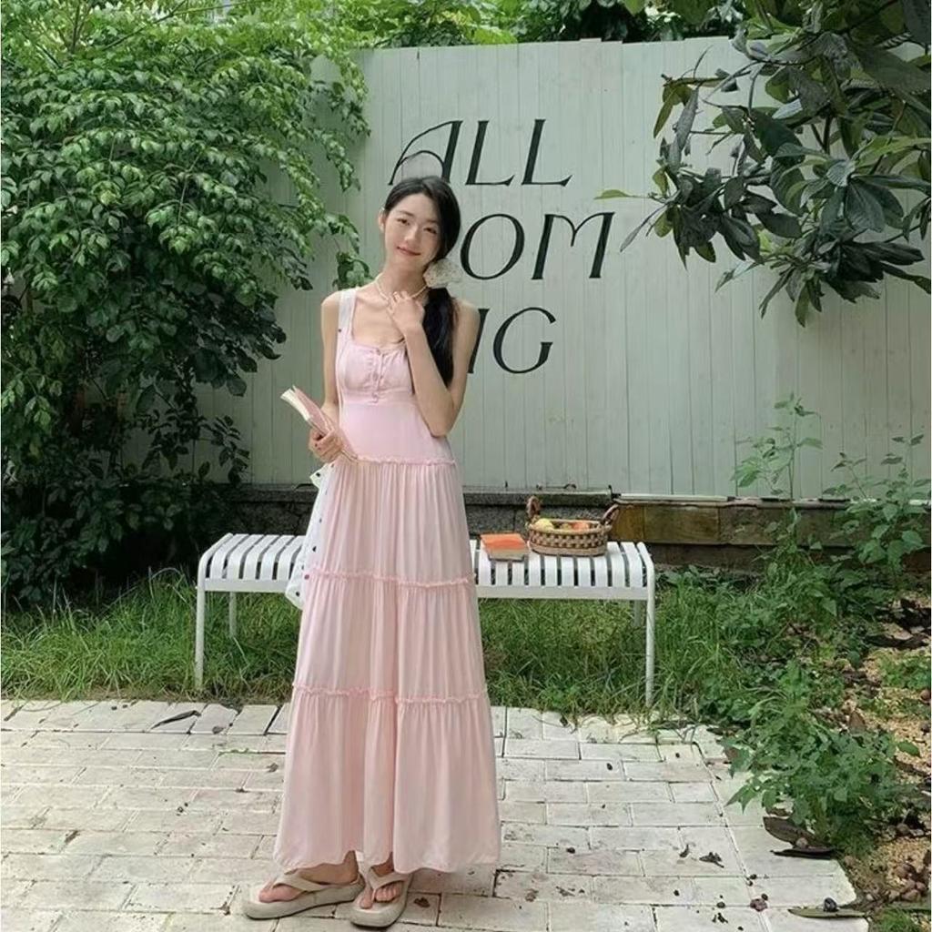 Dopamine niche design waist thin seaside vacation dress sweet super fairy pink sweet suspender dress