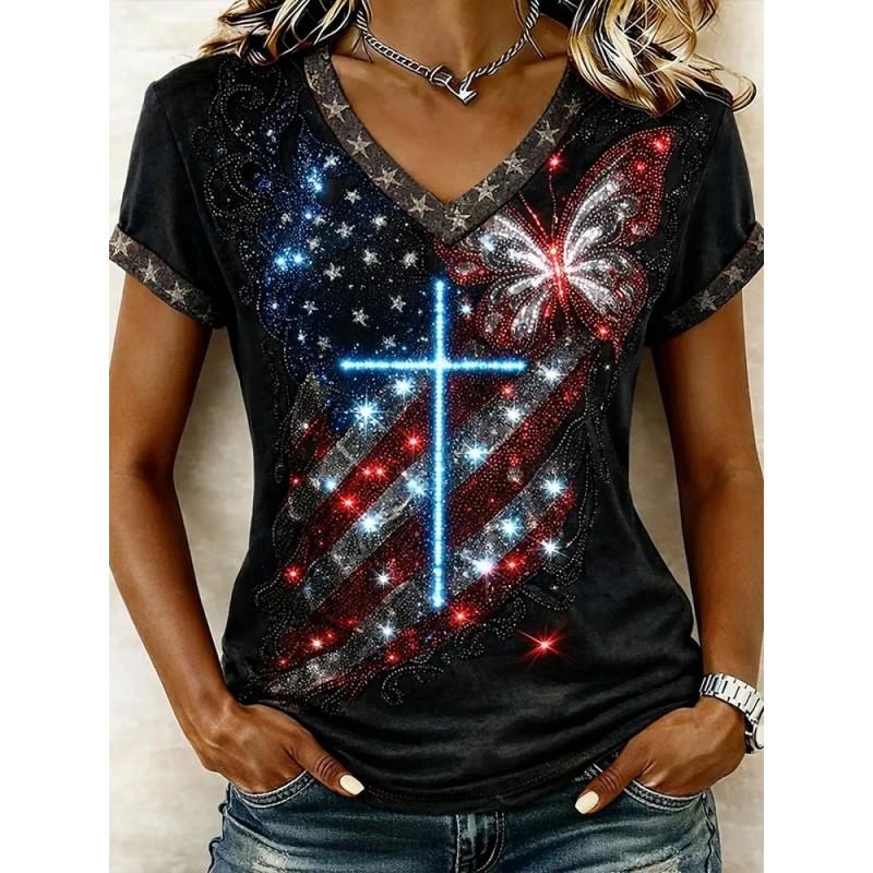V-Neck Short Sleeve T-Shirt With Blue White Striped Print Loose Fit Casual Top Women 2025