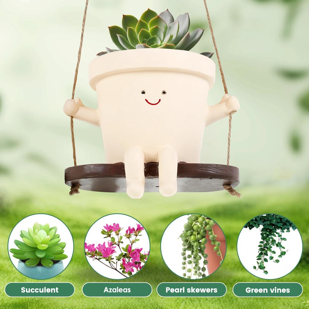2Pcs Cute Hanging Swing Pot Decorative Hanging Swing Planter Portable Resin Head Planter Charming Swing for Gardens