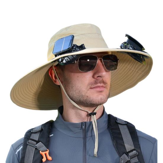 Fisherman Hat, Outdoor Sun Hat with Dual Power Solar USB Rechargeable Fan, Wide Brim Sun Protection Hat for Fishing Camping Hiking Gardening