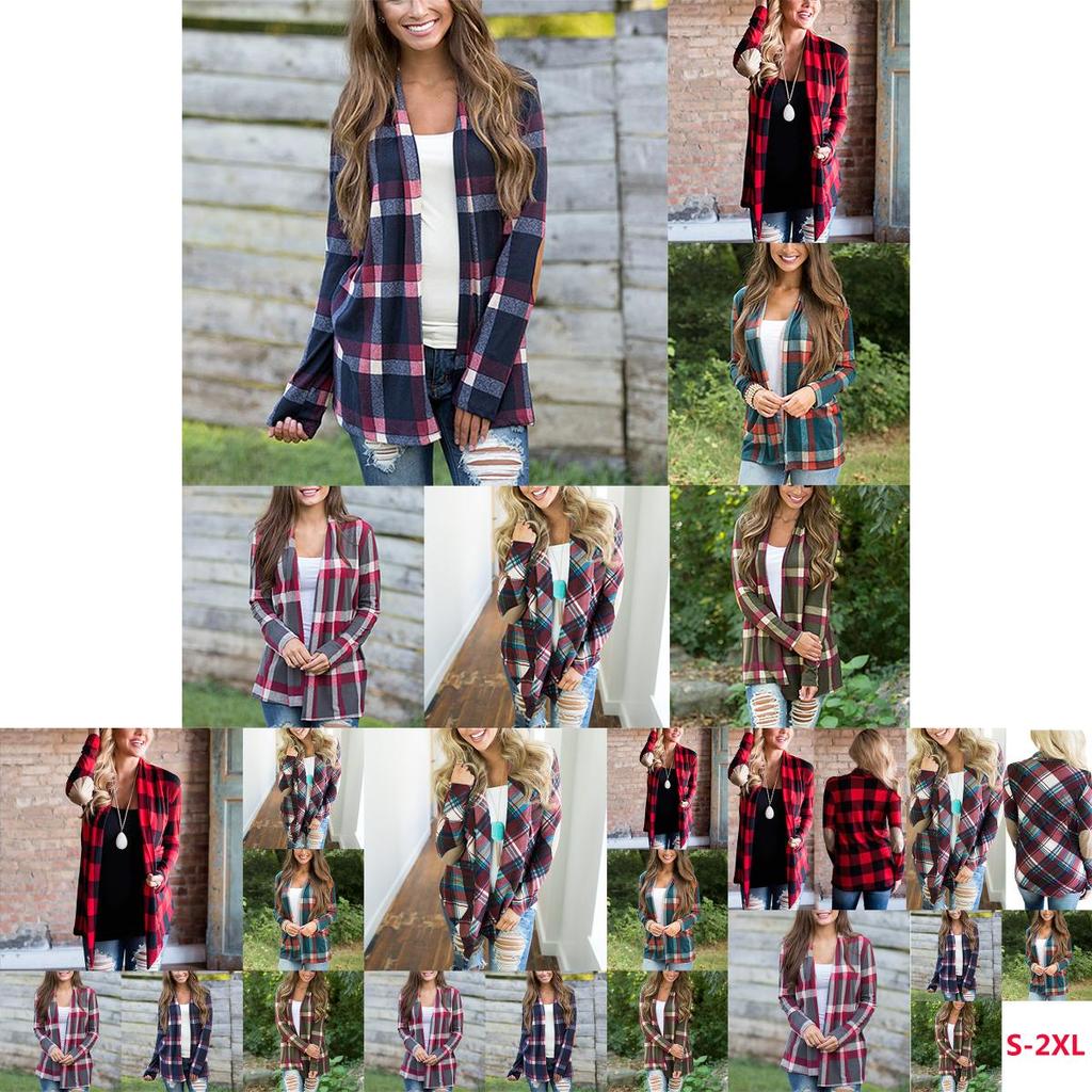 Cozy Women Plaids Cardigan T-shirt With Stylish Lapel Collar For Casual Wear