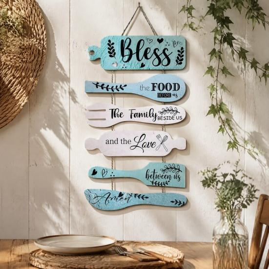 Wooden Kitchen Quote Sign Rustic Hanging for Wall Decor, Cutlery Design Home Art with Inspirational Family Slogan & Lanyard Farmhouse Decoration Solid