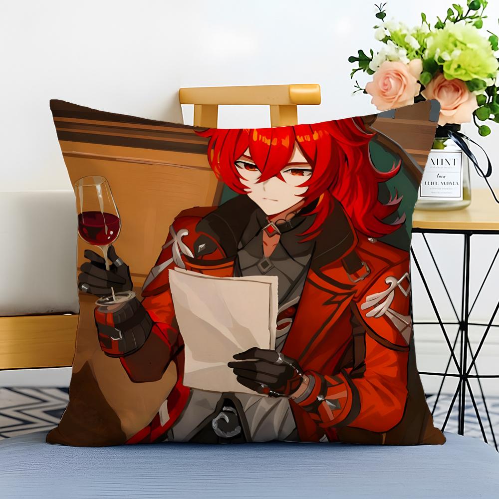 Game Genshin Diluc Cushion Cover Washable Linen Pillowcase Soft For Sofa Bed Cozy Home Room Decor