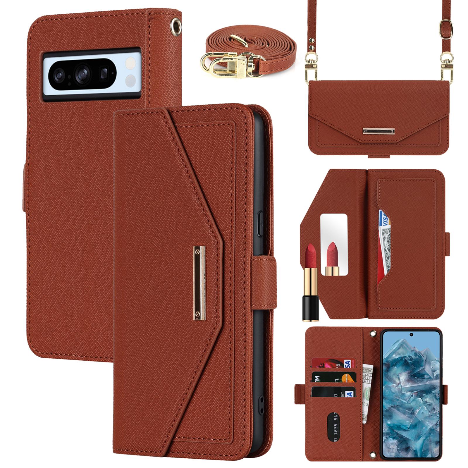 

Для Google Pixel 8 Pro Чехол-подставка Текстура крест PU кожа Кошелек Чехол для телефона с плечевым ремнем/Зеркало для макияжа Brown