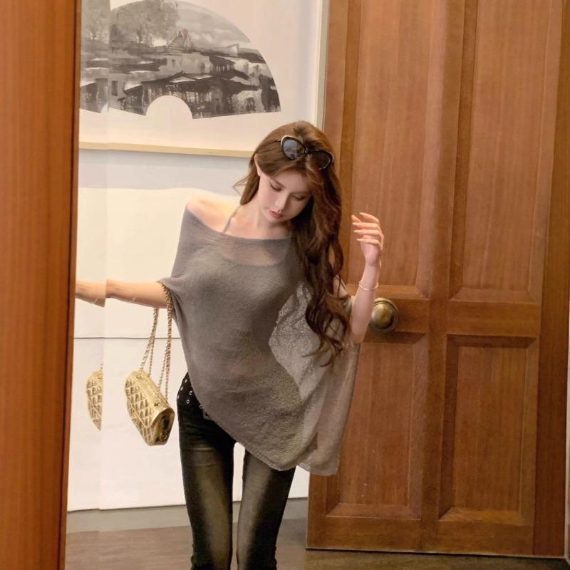 Vintage gray thin sexy slanted shoulder sleeveless knitted sweater women's summer loose irregular cape blouse top