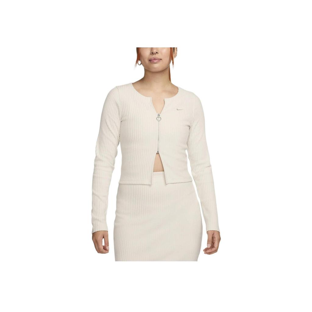 Nike Sportswear Chill Knit Solid Color Zip V-Neck Slim Ribbed Long Sleeve Sweater Women Tops Light-Brown FN3683-104