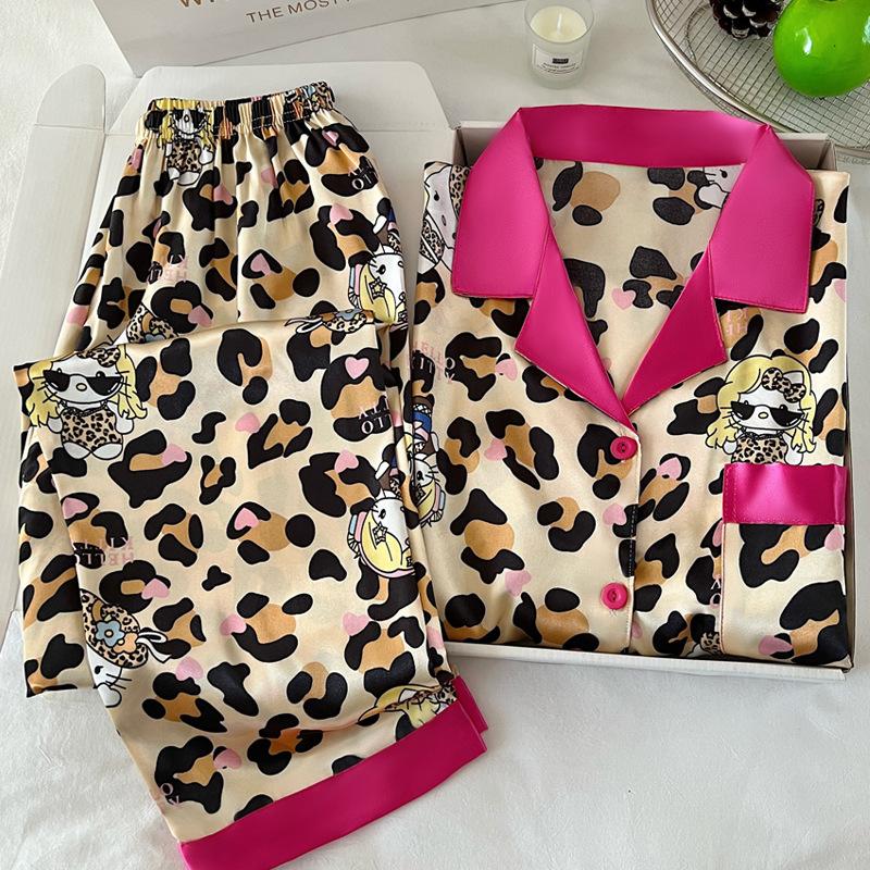 American Retro Leopard Print Wind Sweet Ice Silk Pajamas Women S Summer Short-Sleeved Trousers Loungewear Set M