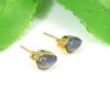 Solid 925 Sterling Silver Labradorite Pear Gemstone Yellow Gold Plated Minimalist Stud Earring