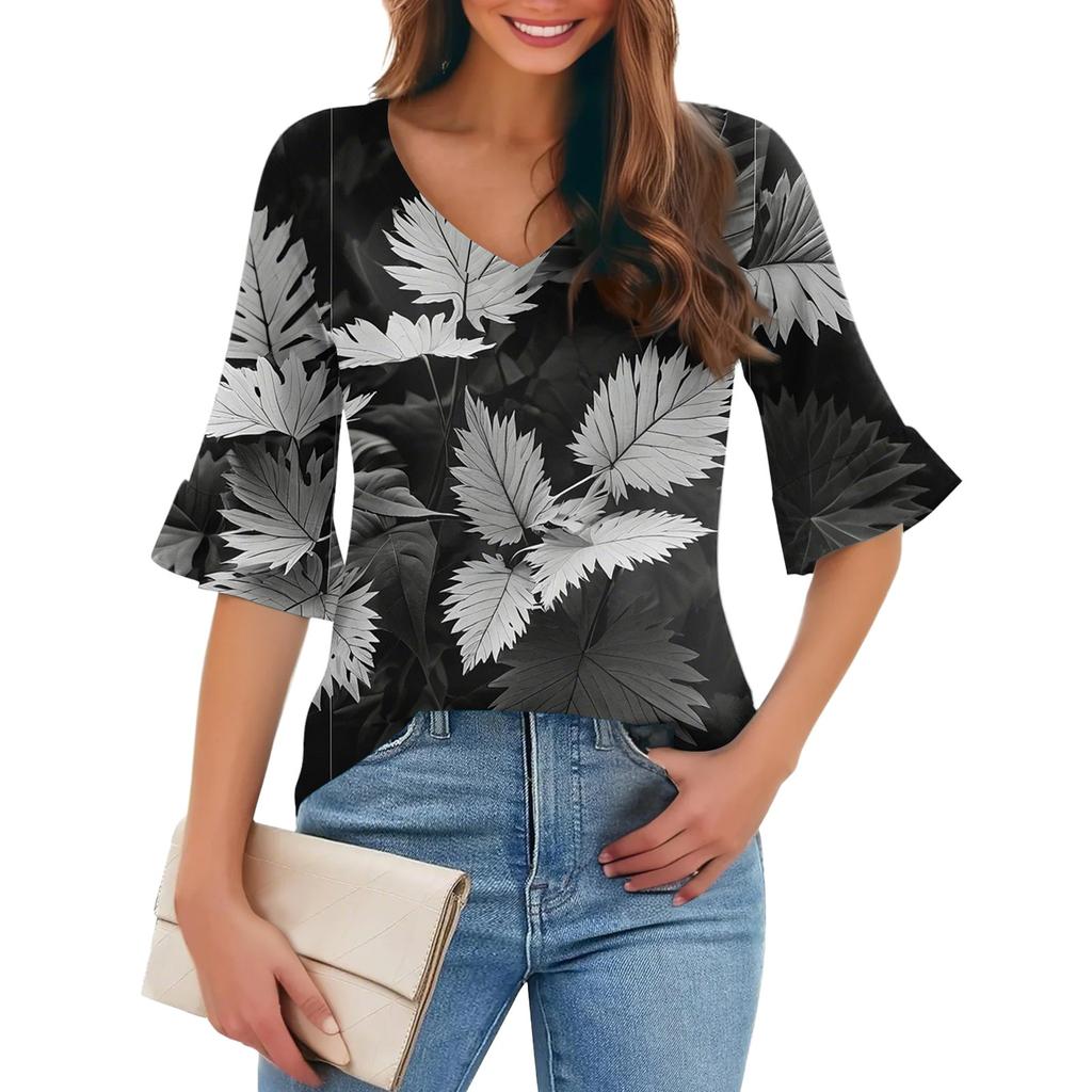 Damen Casual Fashion V-Ausschnitt Pullover Lose Pendeln Floral Fünf-Punkt-Ärmel T-Shirt Top