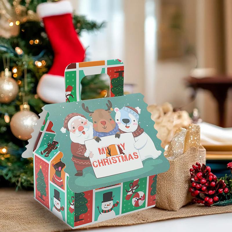 4 Stück Weihnachts Hausform Geschenkboxen Kraftpapier Süßigkeiten Kekse Geschenkverpackungsbox mit Henkel Weihnachtsbaum Anhänger Partyzubehör