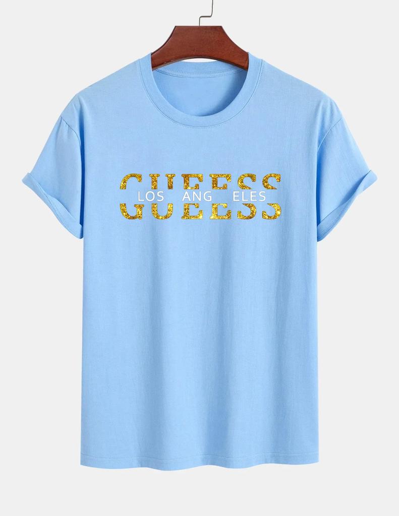 2025 Summer Men's T-shirt 100% Pure Cotton Casual Loose Fashion GUESS Los Angeles Letter Harajuku Print Short-sleeved T-shirt To