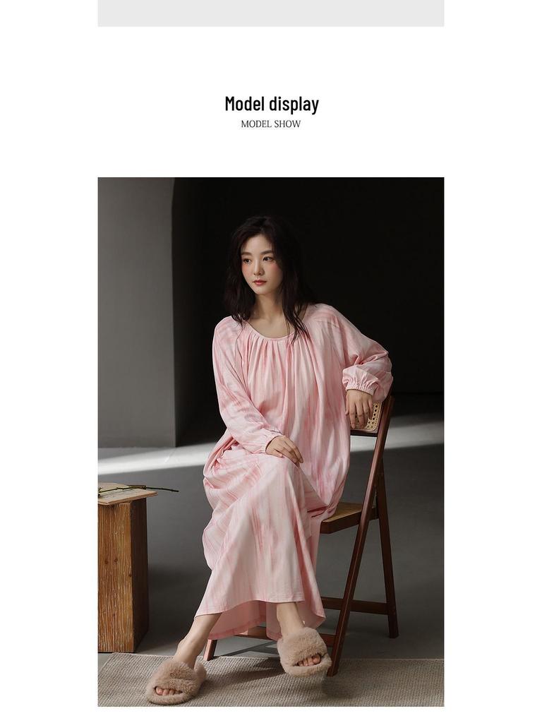 Cainiqing Autumn Women's Long-Sleeve Cotton Nightgown with Bra Pads - Maternity and Extended Length Dress for Home, Fall, and Spring.