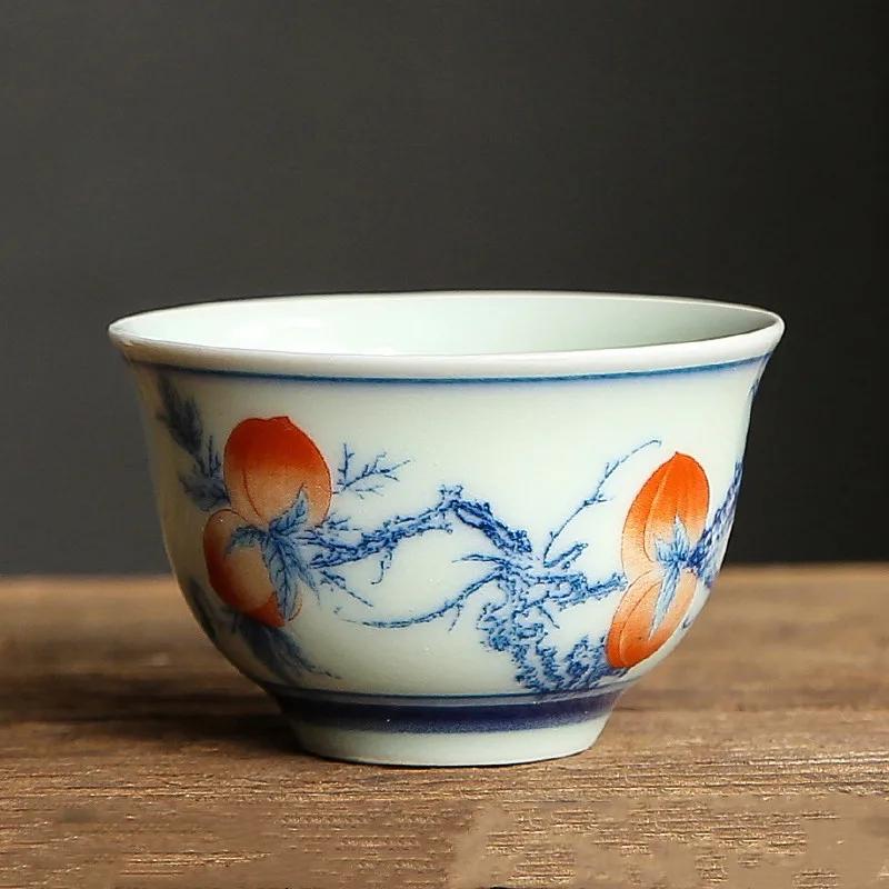 1 Pc Chinese Tradition Handmade Ceramic Tea Cup Exquisite Hand Painted Peach Pattern Tea Bowl Tea Set Porcelain Teacup 70ml