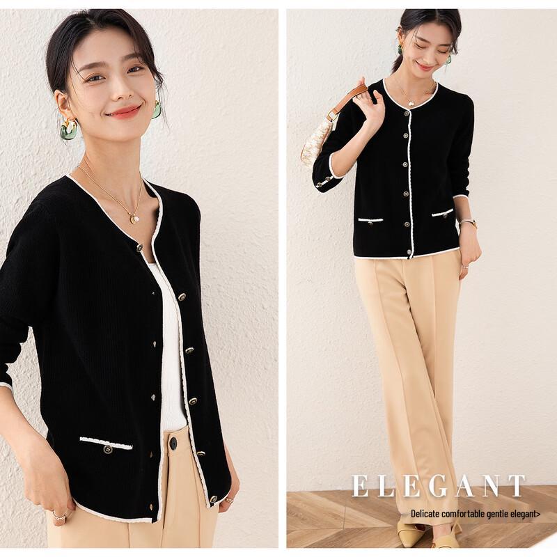 TUHUANG Women's Pure Wool Color-block Knit Cardigan