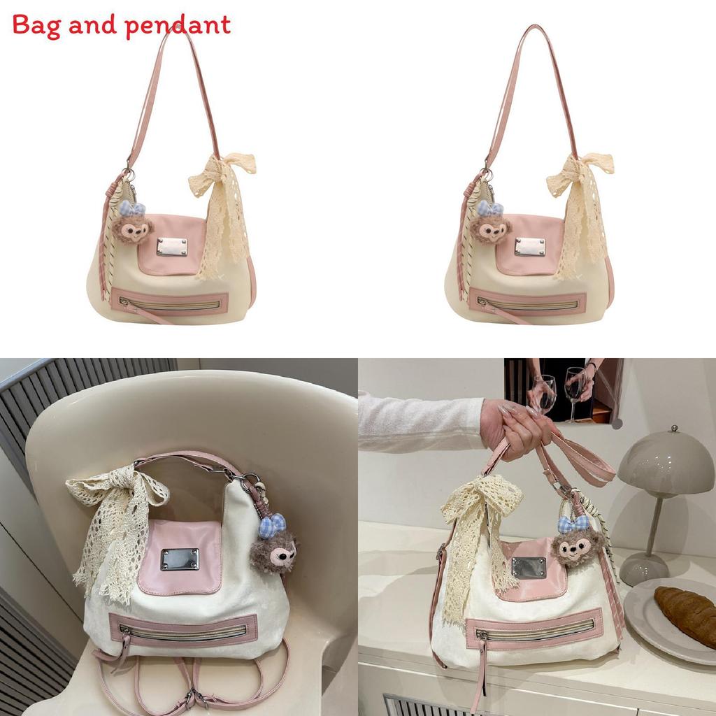 Fashion Color Blocking Design Women Casual Tote Bag With Plush Pendant For Daily Use