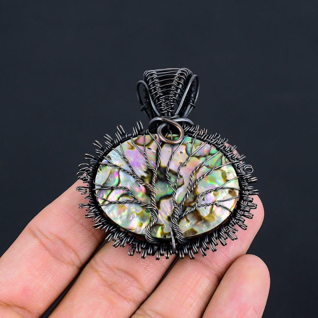 Doppelter Lebensbaum, Abalone-Muschel, Edelstein, handgefertigt, Kupferdraht, Wickelanhänger, Schmuck für Frauen