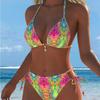1011 New Sexy European and American Bikini Print Lace-up Halter Swimsuit Women