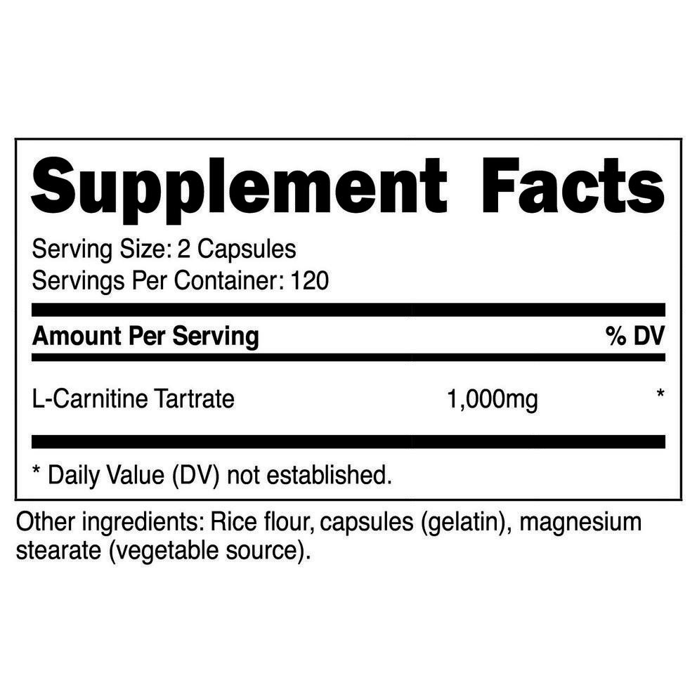Nutricost L-Carnitine Tartrate 1000mg Capsules, 240 Count, 2 Pack