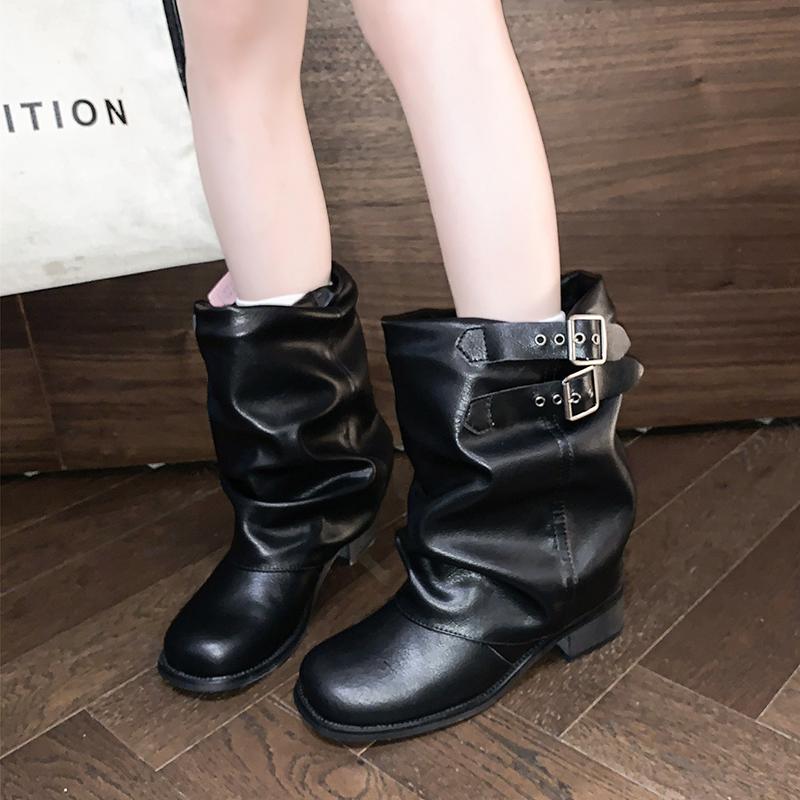 Fashion 2025Pleated Buckle Knight Boots for  Autumn Brown PU Leather Mid Calf Boots Woman Slip-On Thick Heel Riding Botas Mujer