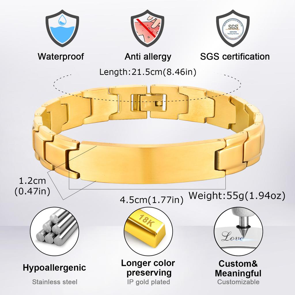 Vnox Free Personalized Men's Stainless Steel Strap Bracelet, Curved ID Tag Band, 21.5cm Watch Chain, Luxury Gift for Dad Husband