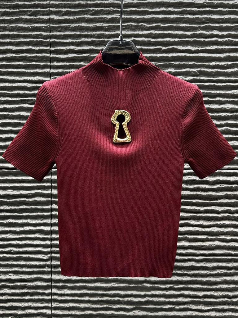 Spring Summer Hollow Out Spliced Metal Buckle T Shirts for Women Turtleneck Short Sleeve Minimalist Slimming T Shirt Female 2026