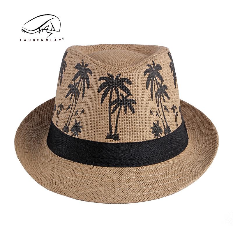 Summer Shade Sun Protection Beach Top Hat Ladies Coconut Tree Printed Jazz Hat Men's Encrypted Straw Breathable Hat