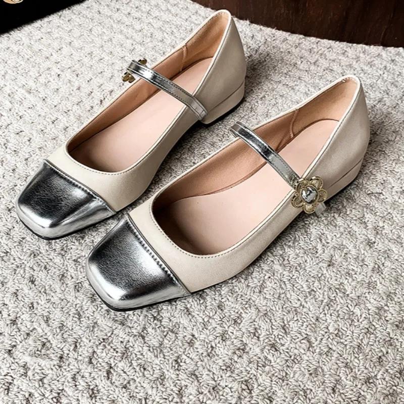 Fashion Spring New Coarse Heel Shoes Women's Round Head Shallow Mouth Splicing Anti-slip Wear-resistant Single Shoes