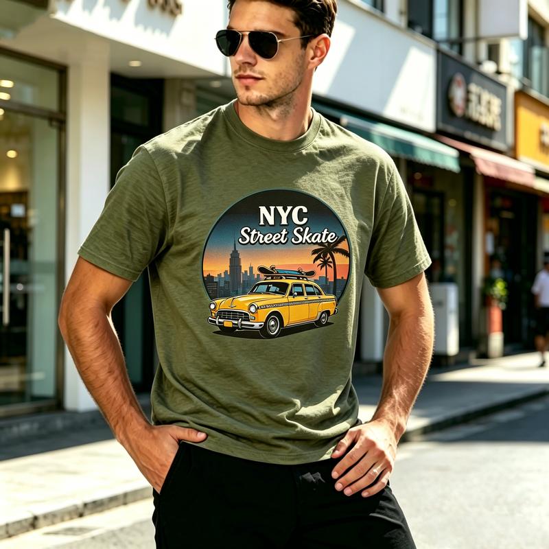 Vintage New York Taxi Skateboard T Shirt NYC City Skyline Graphic Tee Soft Cotton Casual Street Short Sleeve Shirt Daily Wear
