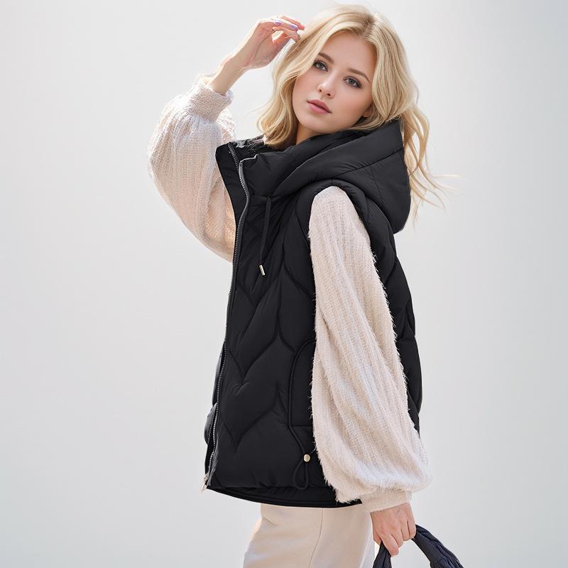 GMXIA Dámské vintage ležérní jednobarevné s potiskem podzimní zimní bez rukávů s kapucí bundy a kabáty