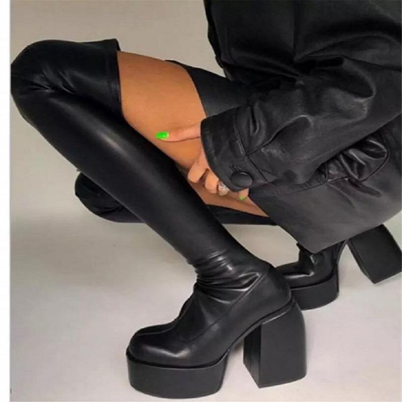 Large Size Ultra High Heel Fashion Boots Women's Autumn Round Head Water Table Sleeve Thick Heel Over Knee Boots Elastic Boots